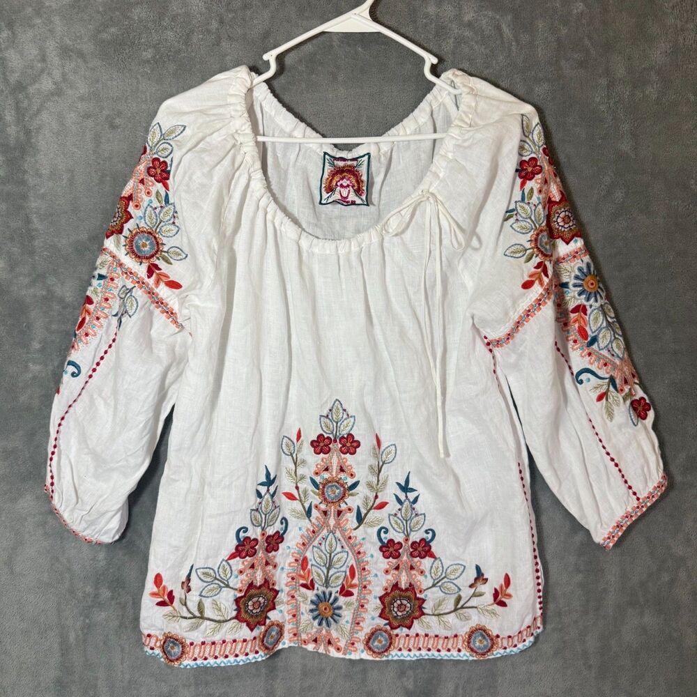 Johnny Was White Embroidered 100% Linen Tunic Blouse Boho Floral L? No Tag READ